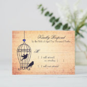 青いハート結婚式RSVPと妄想的な鳥ケージ 出欠カード (スタンド正面)