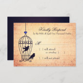 青いハート結婚式RSVPと妄想的な鳥ケージ 出欠カード (正面/裏面)