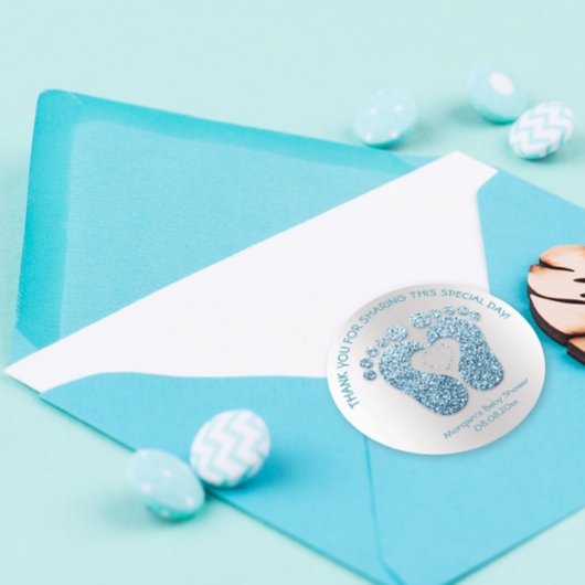 青いハート足ベビーシャワー好意ありがとうグレー ラウンドシール