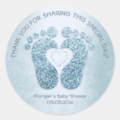 青いハート足赤ちゃんシャワーお願いありがとう男の子 ラウンドシール (正面)
