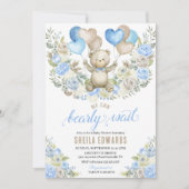 青いハート風船クマのぬいぐるみ男の子ベビーシャワー 招待状 (正面)