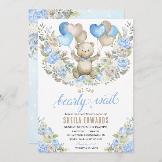 青いハート風船クマのぬいぐるみ男の子ベビーシャワー 招待状 (正面/裏面)