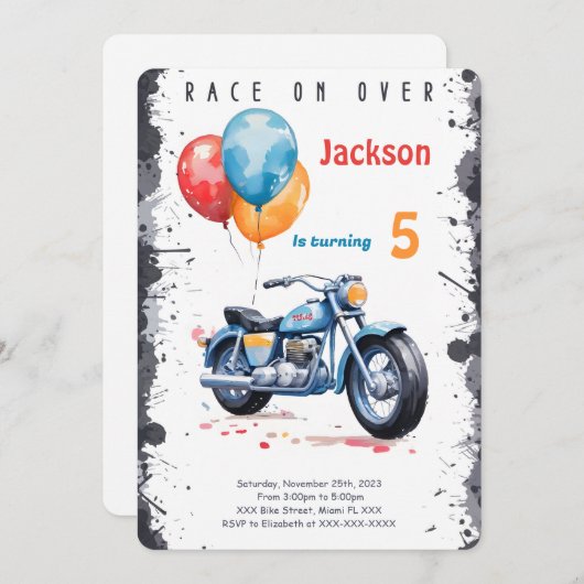 青いバイクの誕生日 招待状 (正面/裏面)