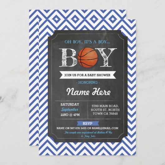 青いバスケットボールの男の子のベビーシャワーのスポーツの招待 招待状 (正面/裏面)