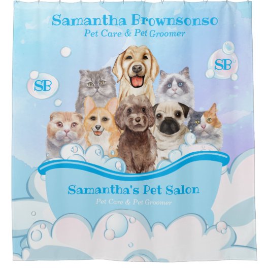 青いバブル 犬 猫 スパ 浴槽 青い ペット シャワーカーテン (正面)