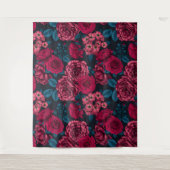 青いバラがbのピンク、赤および葉2色の タペストリー (正面)