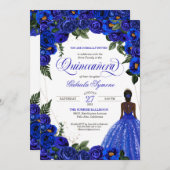 青いバラとゴールドの豪華なクイーンセニョーラのドレスの招待状 招待状 (正面/裏面)