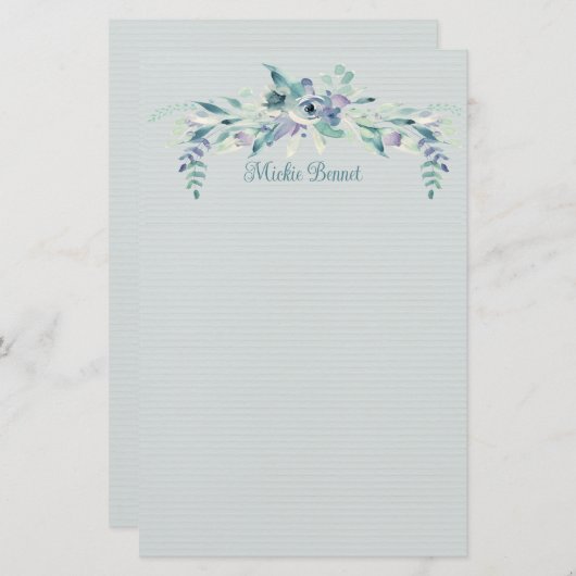 青いバラとティール（緑がかった色）パーソナライズされた文具 便箋 (正面/裏面)