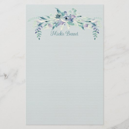 青いバラとティール（緑がかった色）パーソナライズされた文具 便箋 (正面)