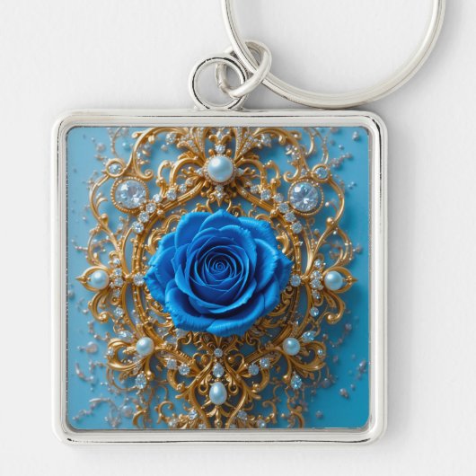 青いバラとパールの金の装飾 キーホルダー (正面)