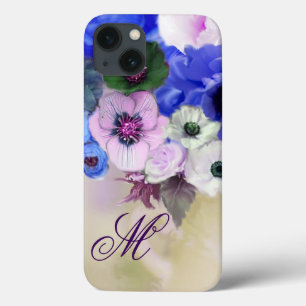 青いバラとピンクの白いアネモネの花のモノグラム iPhone 13ケース