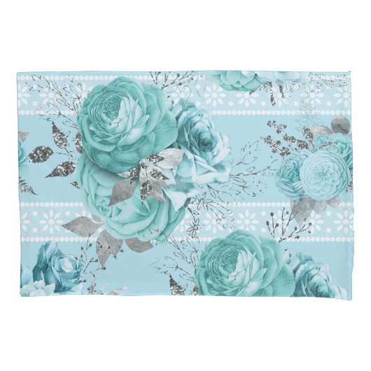 青いバラとレース 枕カバー (正面)