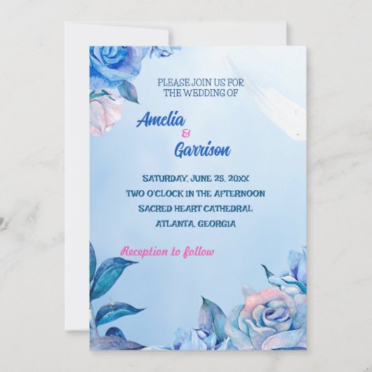 青いバラのウェディングカードを描く 招待状 (正面)
