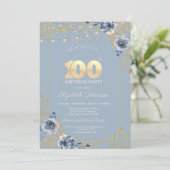 青いバラのストリングライト ダスティーブルー 100歳の誕生日 招待状 (スタンド正面)