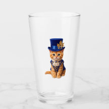 青いバラのトップハットを被った猫のドリンクグラス