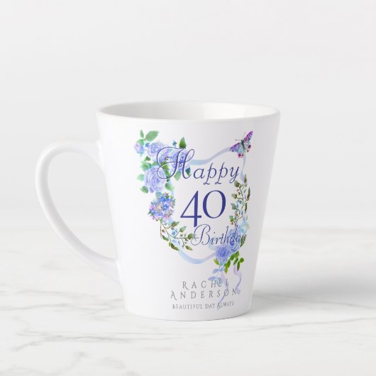 青いバラのリボン 40歳の誕生日 カフェラテマグ (左)