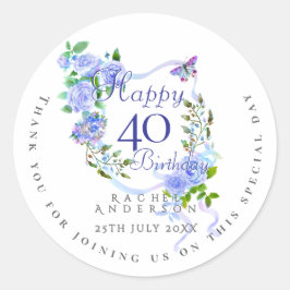 青いバラのリボン 40歳の誕生日 ラウンドシール