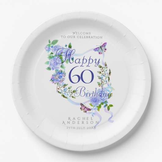 青いバラのリボン 60歳の誕生日 ペーパープレート (正面)