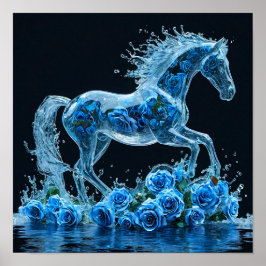 ❄️ 青いバラの幻想的な氷の花を咲かせる凍った馬 ポスター