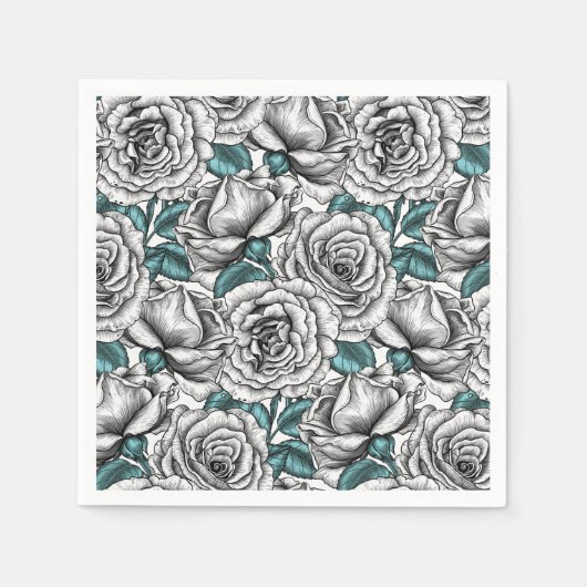 青いバラの白い葉バラ スタンダードカクテルナプキン (正面)