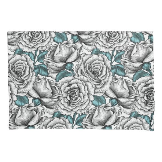 青いバラの白い葉バラ 枕カバー (正面)