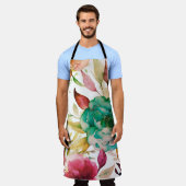 青いバラの紫の水彩画の花 エプロン (着用した状態)