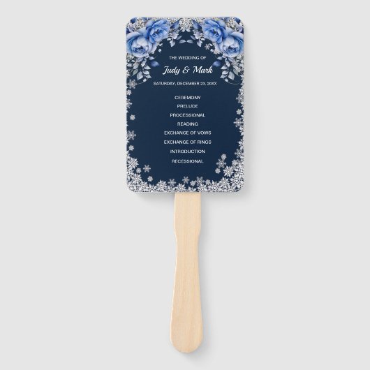 青いバラの雪の結晶クリスマスウェディング ハンドファン (正面)