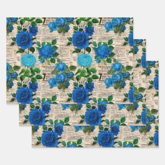 青いバラオンヴィンテージ新聞 ラッピングペーパーシート (セット)