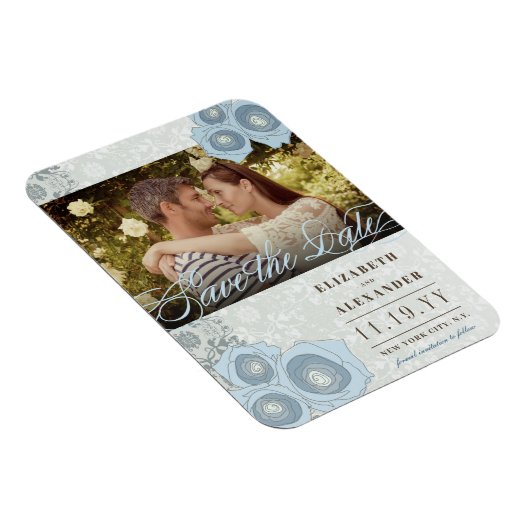 青いバラダマスクレース写真Save The Date Magnet マグネット (右側)