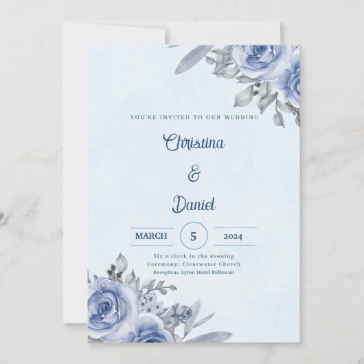 青いバラ水彩結婚式招待状 招待状 (正面)