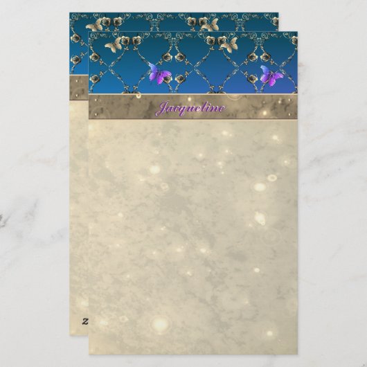 青いバラ蝶と名前の文房具 便箋 (正面/裏面)