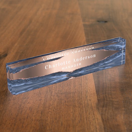 青いバラ金ゴールドの大理石名のタイトル デスクネームプレート (側面)