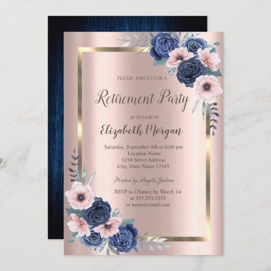 青いバラ、フレーム、バラ金ゴールド廃棄 招待状 (正面/裏面)