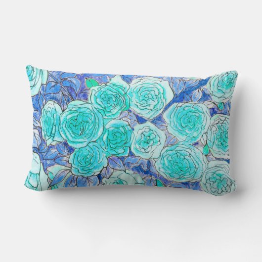 青いバラ、緑の葉バラガーデンサマーフラワー ランバークッション (裏面)