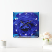 青いバラ(露) スクエア壁時計 (ホーム)
