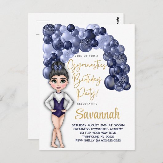 青いバルーンアーチの体操誕生日パーティー ポストカード (正面/裏面)