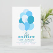 青いバルーン任意の年齢の誕生日パーティーの招待 招待状 (スタンド正面)