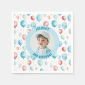 青いバルーン子供の誕生日写真 スタンダードカクテルナプキン (正面)