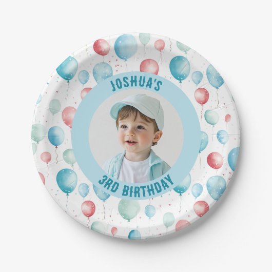 青いバルーン誕生日写真 ペーパープレート (正面)