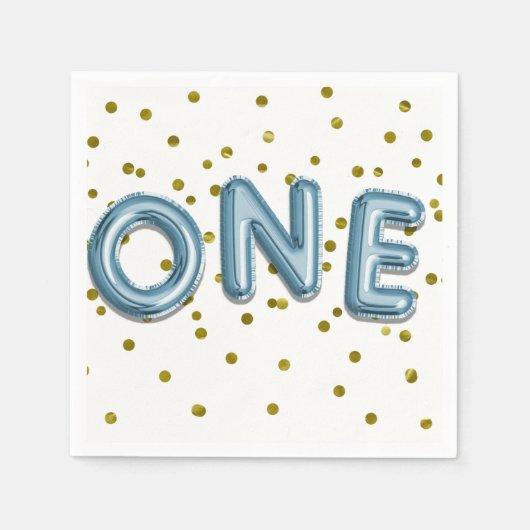 青いバルーン金ゴールド紙吹雪ワン1番目の誕生日パーティー スタンダードカクテルナプキン (正面)
