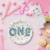 青いバルーン金ゴールド紙吹雪ワン1番目の誕生日パーティー ペーパープレート (パーティー)