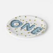 青いバルーン金ゴールド紙吹雪ワン1番目の誕生日パーティー ペーパープレート (アングル)