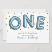 青いバルーン金ゴールド紙吹雪ワン1番目の誕生日パーティー 招待状 (正面)