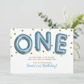 青いバルーン金ゴールド紙吹雪ワン1番目の誕生日パーティー 招待状 (スタンド正面)