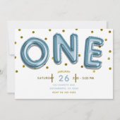 青いバルーン金ゴールド紙吹雪ワン1番目の誕生日パーティー 招待状 (裏面)