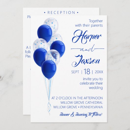 青いバルーン。エレガントなウェディングカード。 招待状 (正面/裏面)