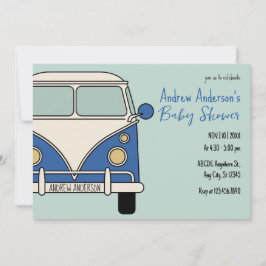 青いバンのビンテージ ベビーシャワー 招待状