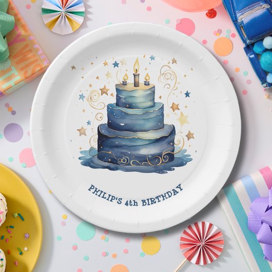 青いバースデーケーキの誕生日 ペーパープレート