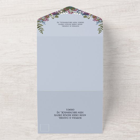 青いバーボンディ オリーブの葉の写真 ウェディング オールインワン招待状 (外側)