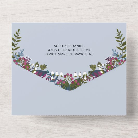 青いバーボンディ オリーブの葉の写真 ウェディング オールインワン招待状 (裏面)